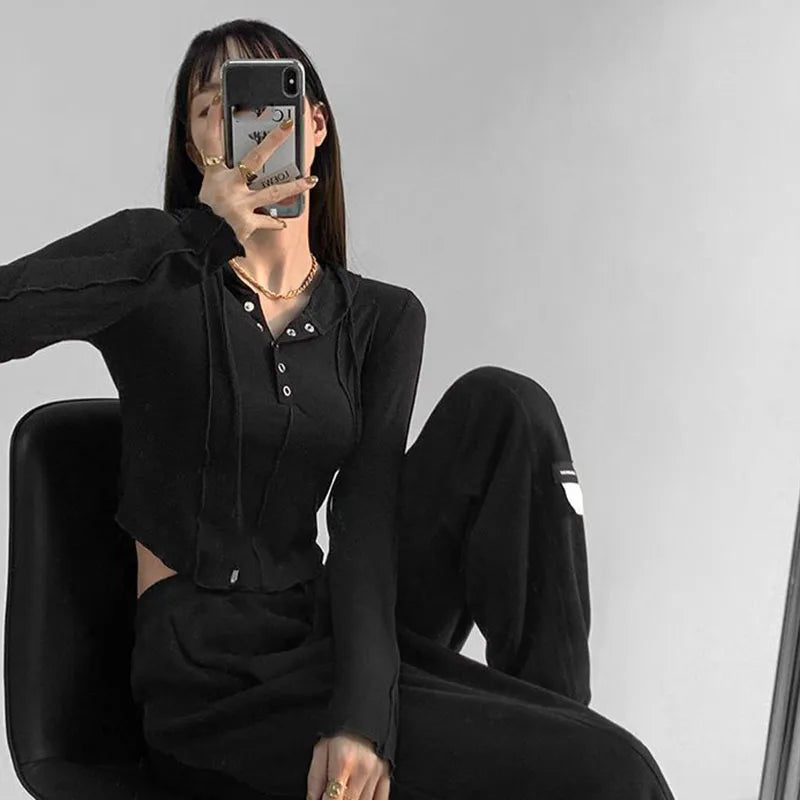 Hooded Button Up Cropped Top - INTOHYPEZONE