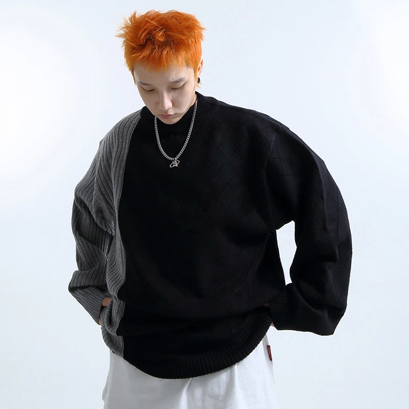 Contrast Color Spliced Round Neck Pullovers - INTOHYPEZONE
