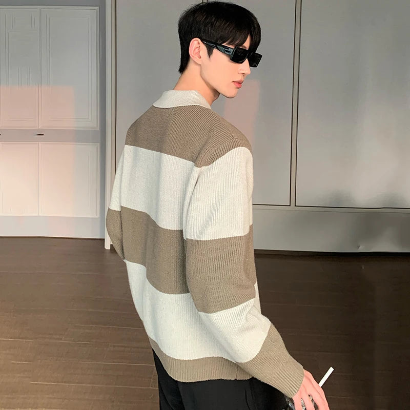 Contrast Color Turn-down Collar Stripe Sweaters - INTOHYPEZONE