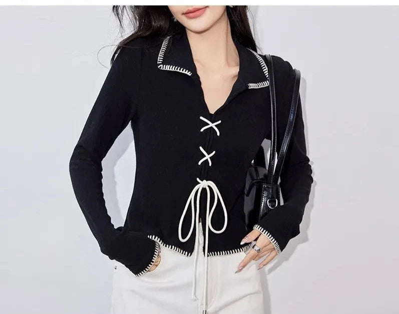 V-neck Lapel Knitwear Long Sleeve Tie Up Top - INTOHYPEZONE