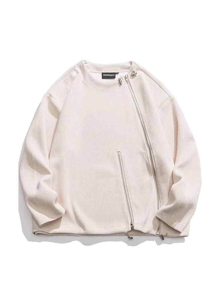 Crew Neck Plain Zip Slit Drawstring Sweatshirt - INTOHYPEZONE