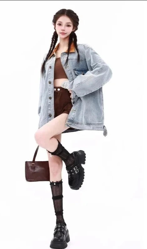 Turn Down Collar Baggy Blue Denim Jacket - INTOHYPEZONE