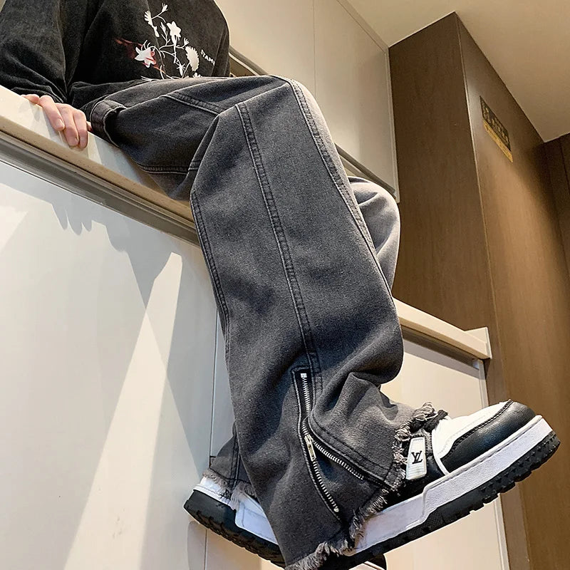 Zipper Straight Leg Denim Pants - INTOHYPEZONE