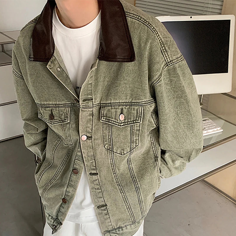 Denim Jacket PU Leather Lapel Patchwork Jackets - INTOHYPEZONE