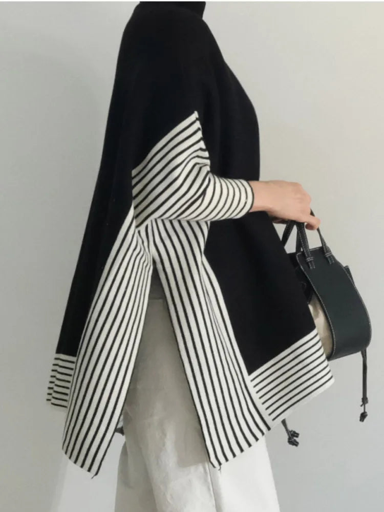 High Neck Striped Cape Short Sweater - INTOHYPEZONE