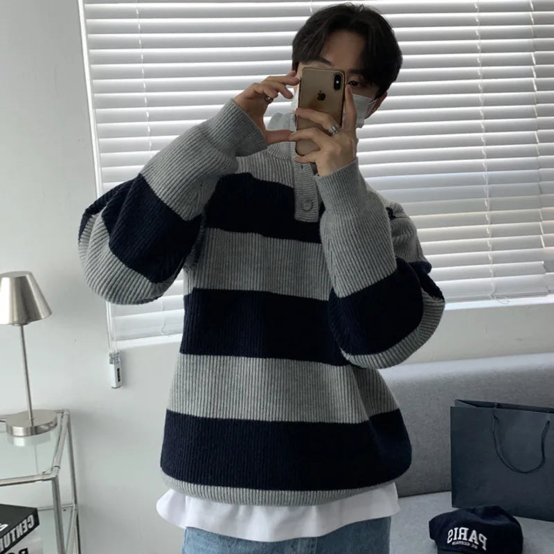 Stripe Contrast Color Stand Collar Sweater - INTOHYPEZONE