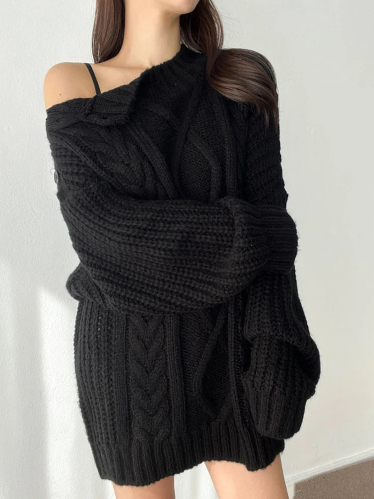 Slash Collar Knitted Pullover - INTOHYPEZONE