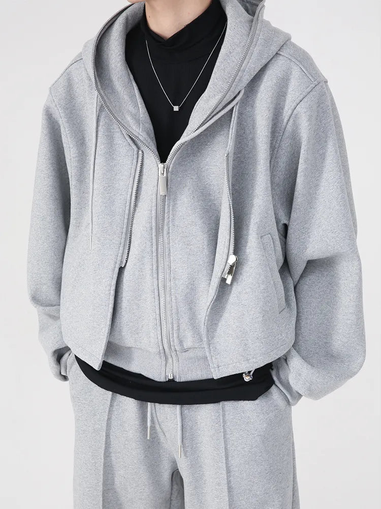 Two-Piece Plain Zip Up Hoodie Wide Leg Pants - INTOHYPEZONE