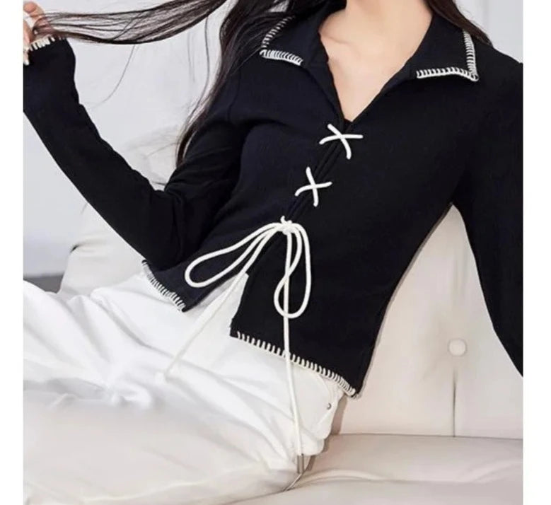 V-neck Lapel Knitwear Long Sleeve Tie Up Top - INTOHYPEZONE