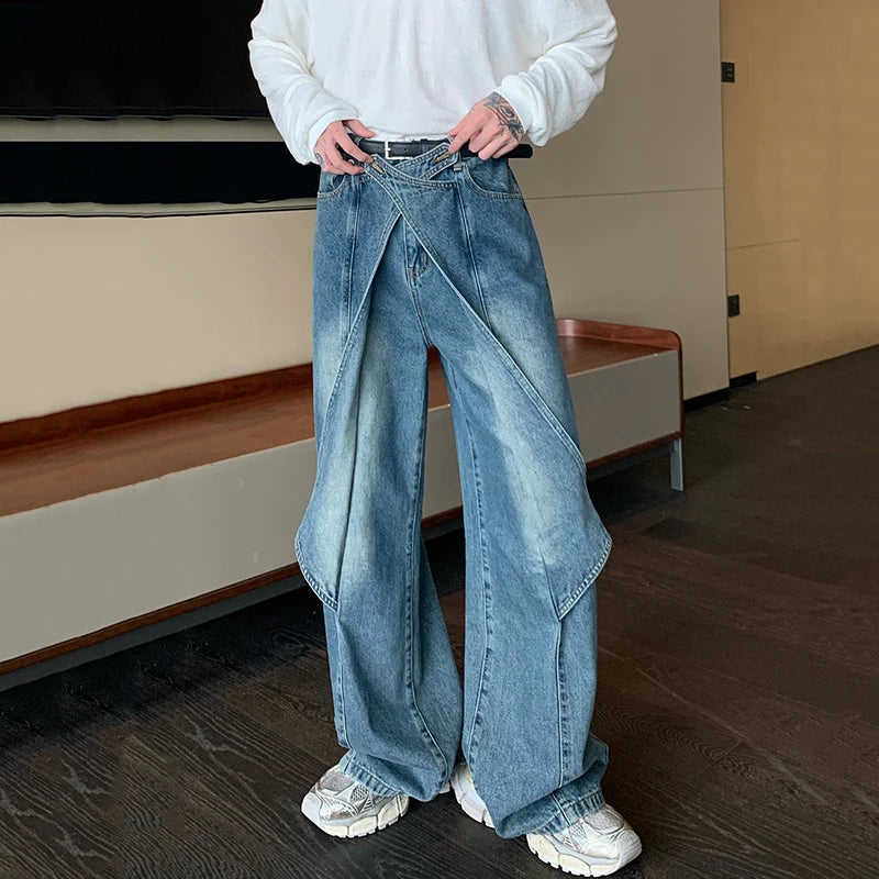 Washed Patchwork Wide Leg Denim Jeans - INTOHYPEZONE