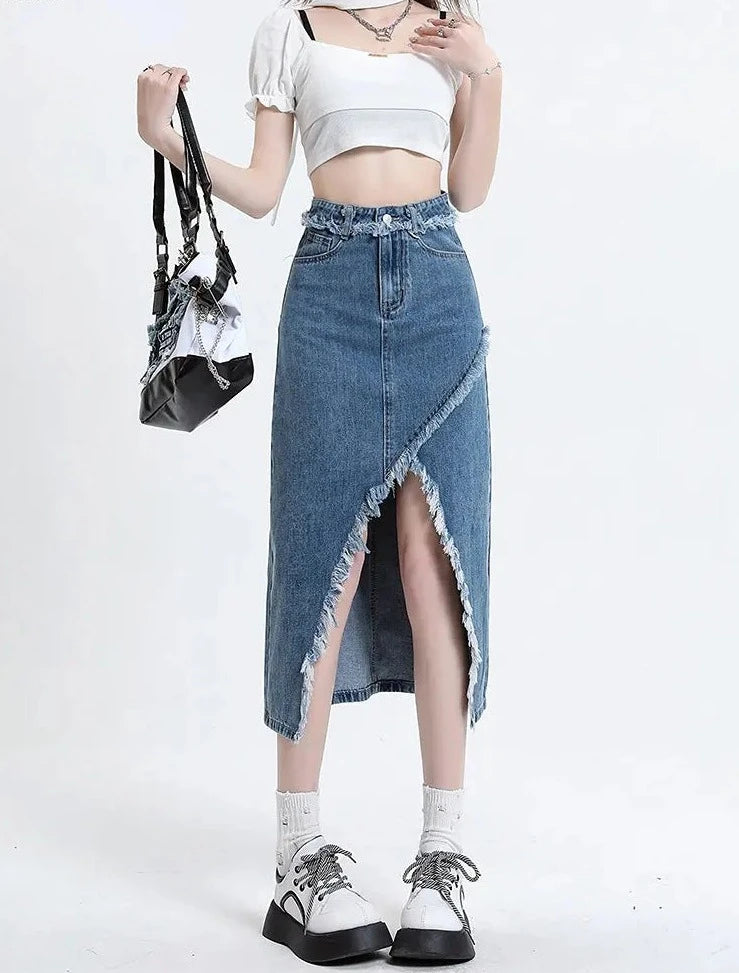 Slim Fit High Waist Slit Denim Skirt - INTOHYPEZONE