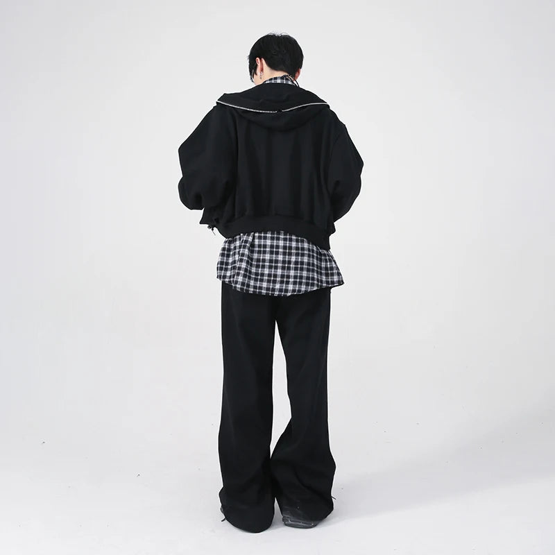 Two-Piece Plain Zip Up Hoodie Wide Leg Pants - INTOHYPEZONE