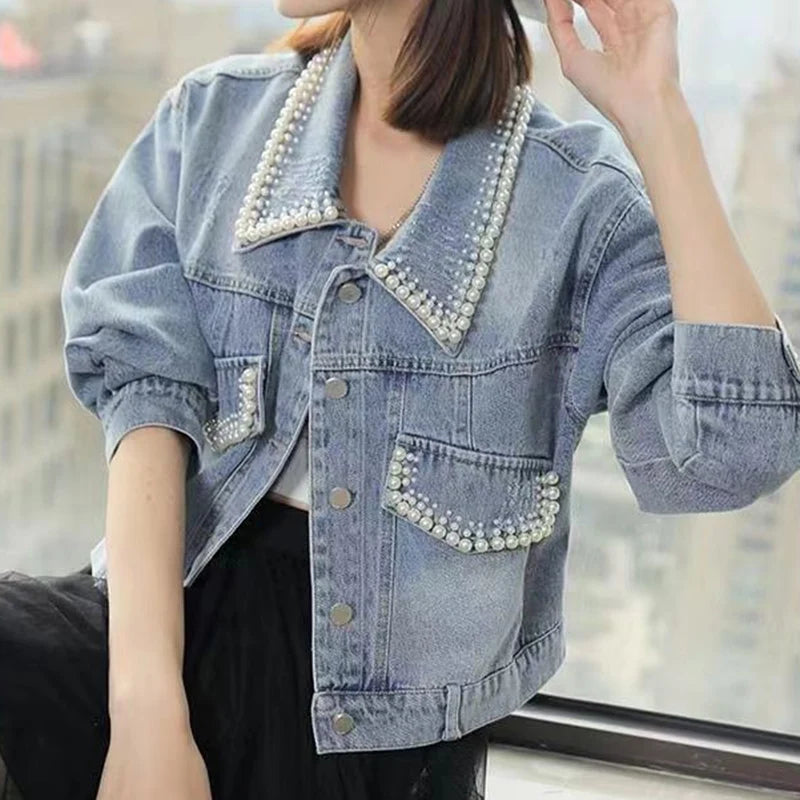 Pearl Cropped Denim Jacket - INTOHYPEZONE