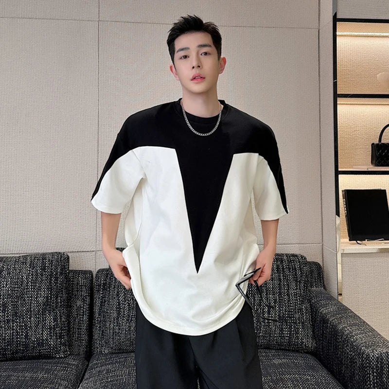 Black and White Contrast Crewneck T-shirt - INTOHYPEZONE