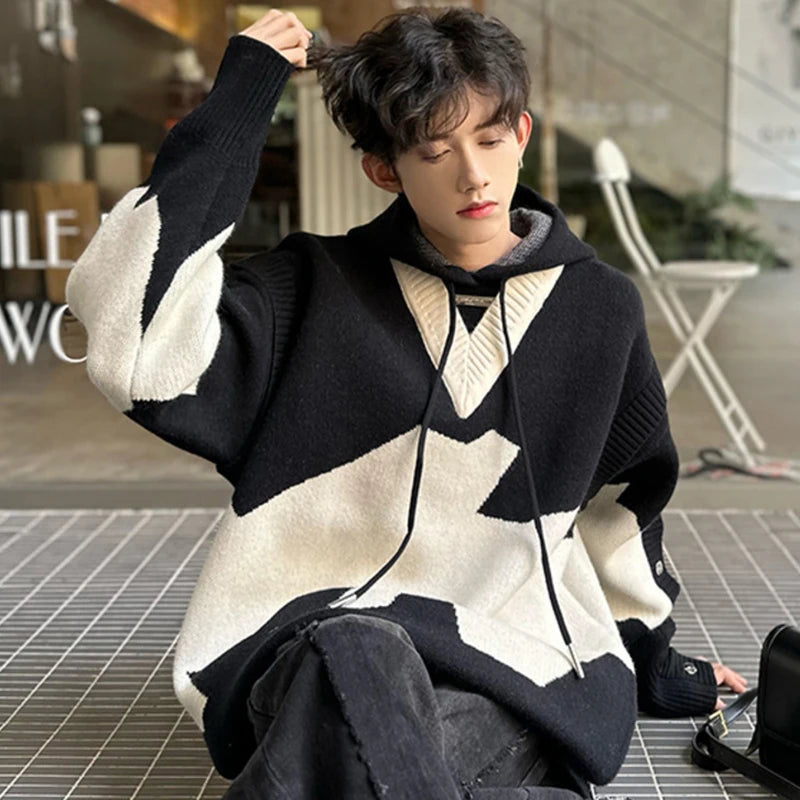 Patchwork Button Hooded Sweaters - INTOHYPEZONE