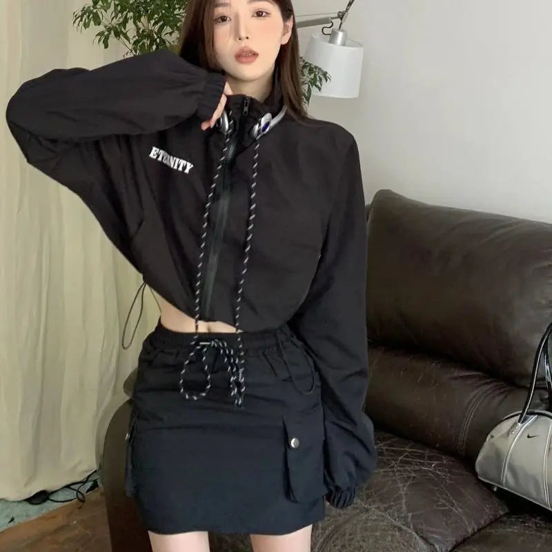 Black Windbreaker Cropped Jacket and Skirt -INTOHYPEZONE