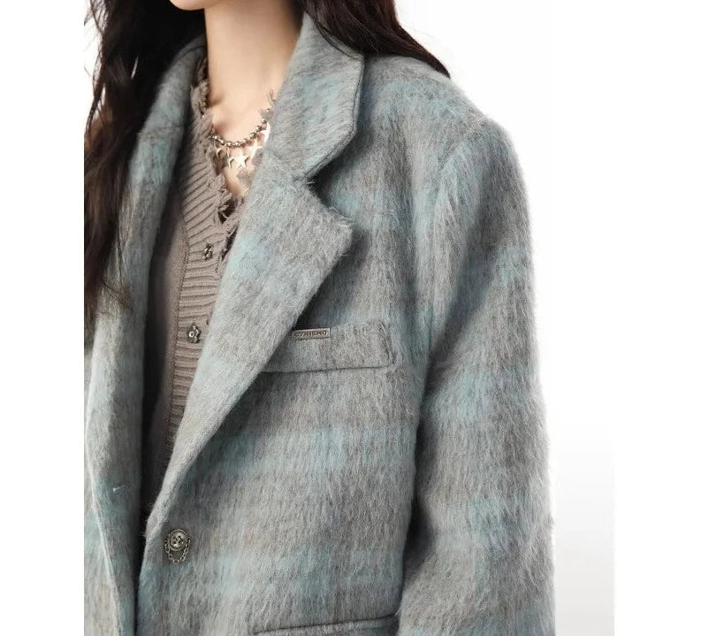 Plaid Notched Collar Long Sleeve Loose Blazer - INTOHYPEZONE