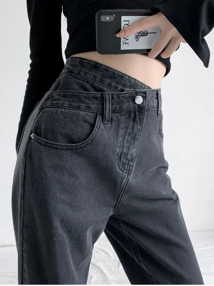 Asymetrical High Waist Denim Pants - INTOHYPEZONE
