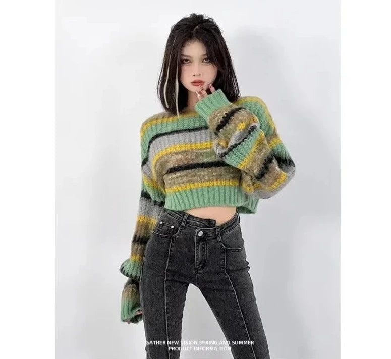 Striped Casual Knitted Crop Sweater - INTOHYPEZONE