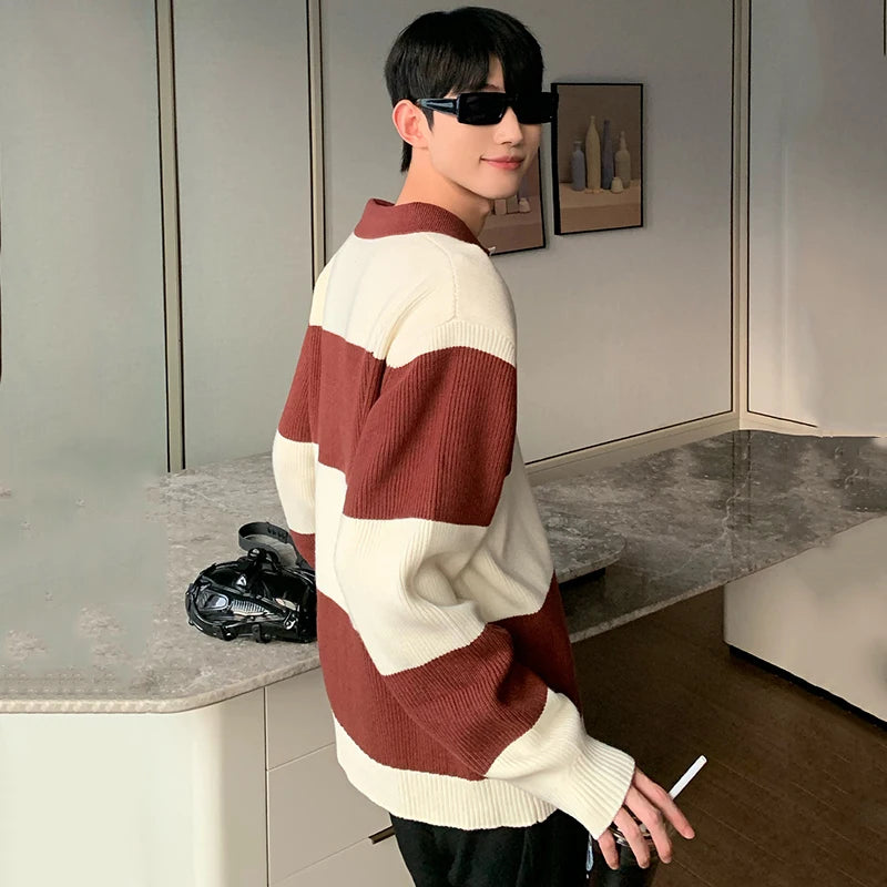 Contrast Color Turn-down Collar Stripe Sweaters - INTOHYPEZONE