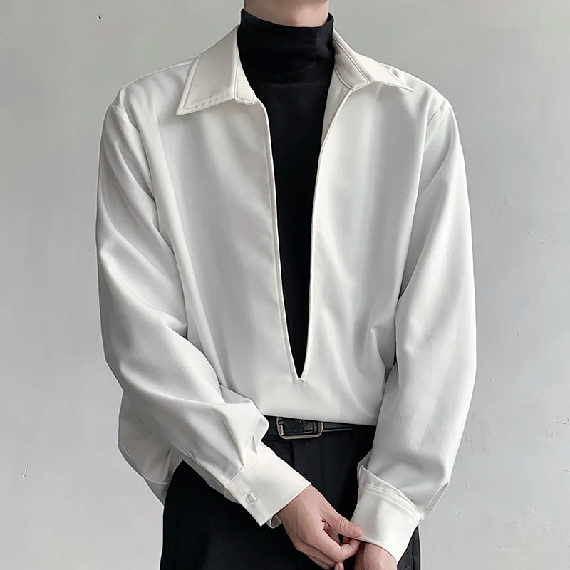 V-shaped Slit Turn-down Collar Shirt - INTOHYPEZONE