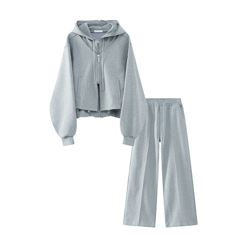 Two-Piece Plain Zip Up Hoodie Wide Leg Pants - INTOHYPEZONE