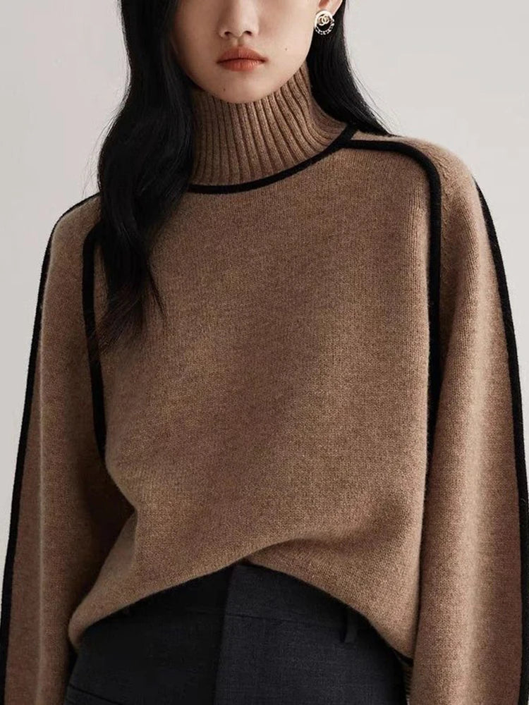 High Neck Contrast Line Knitted Sweater - INTOHYPEZONE