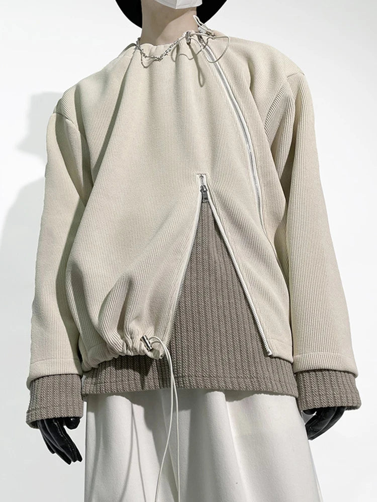 Crew Neck Plain Zip Slit Drawstring Sweatshirt - INTOHYPEZONE