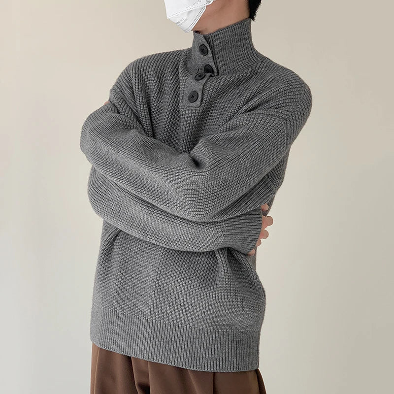 Button Turtleneck Pullover Sweater - INTOHYPEZONE
