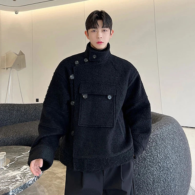 Slant Button Stand Collar Wool Jacket - INTOHYPEZONE