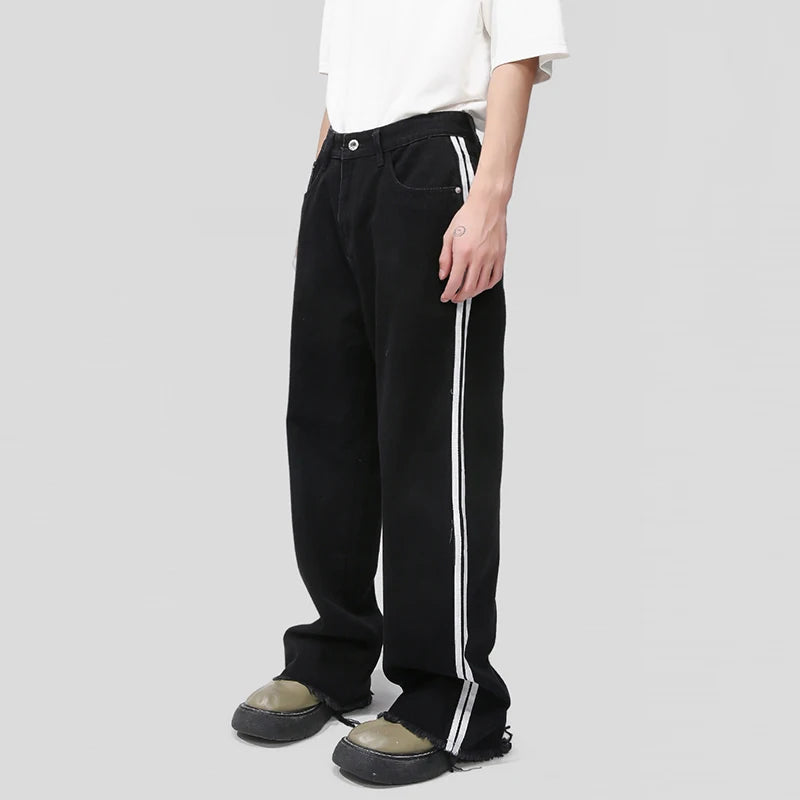 Black Striped Wide Leg Frayed Pants - INTOHYPEZONE