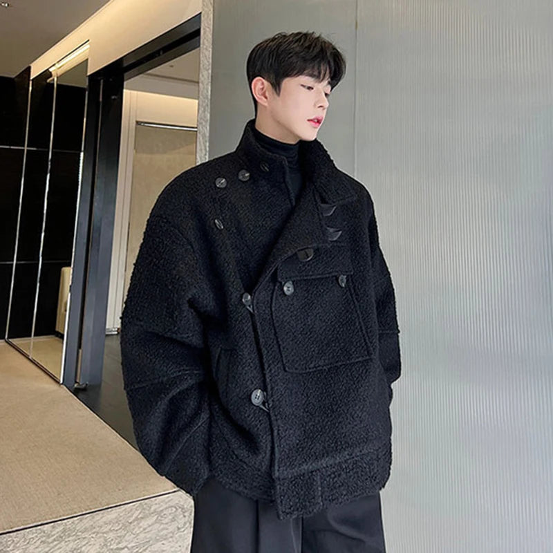 Slant Button Stand Collar Wool Jacket - INTOHYPEZONE