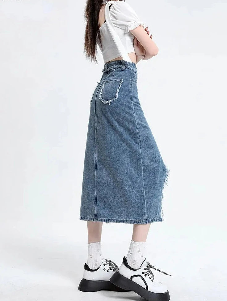 Slim Fit High Waist Slit Denim Skirt - INTOHYPEZONE
