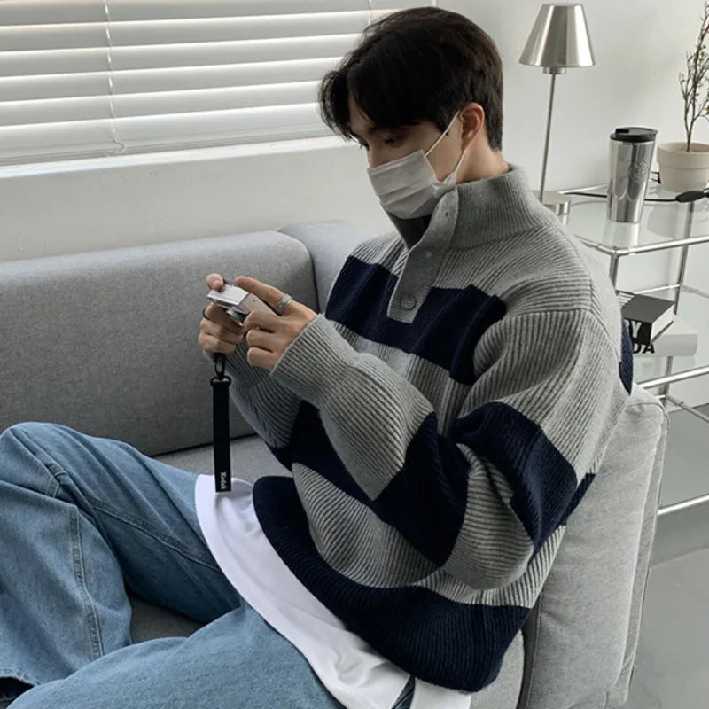 Stripe Contrast Color Stand Collar Sweater - INTOHYPEZONE