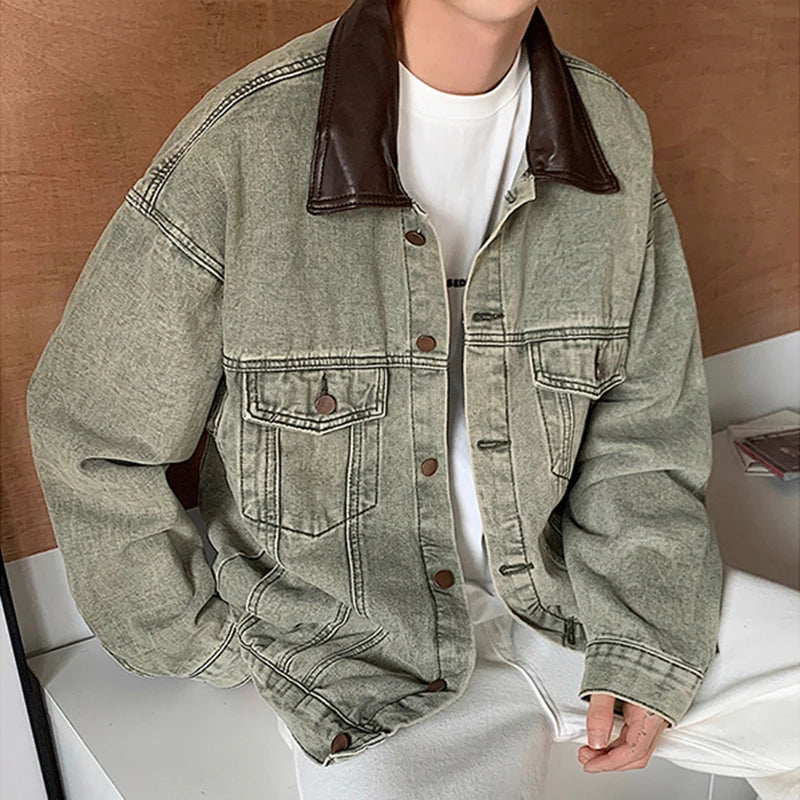 Denim Jacket PU Leather Lapel Patchwork Jackets - INTOHYPEZONE