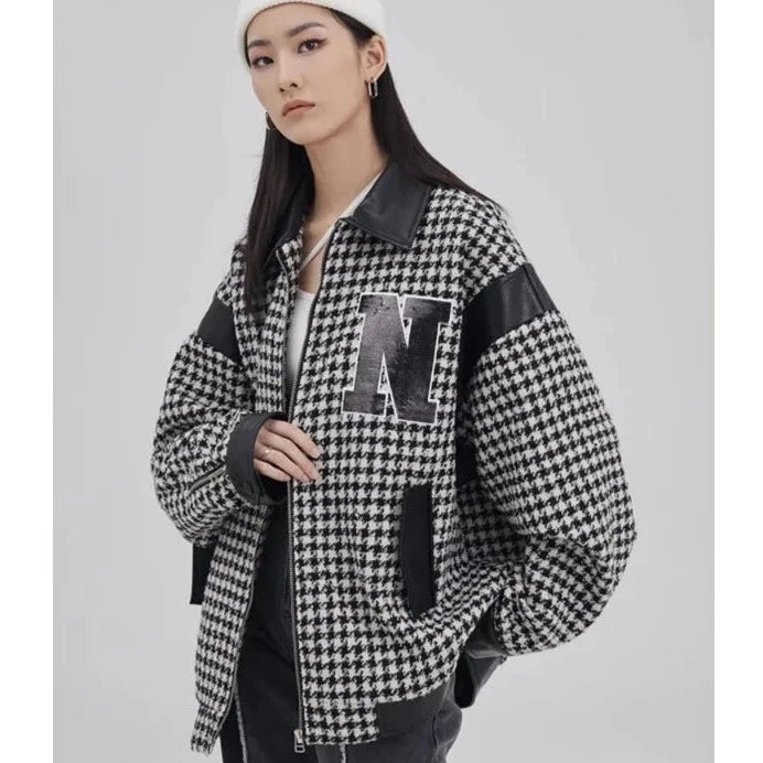Houndstooth Letter Embroidered Oversized Zip Jacket - INTOHYPEZONE
