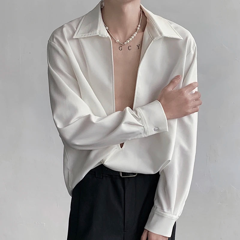 V-shaped Slit Turn-down Collar Shirt - INTOHYPEZONE