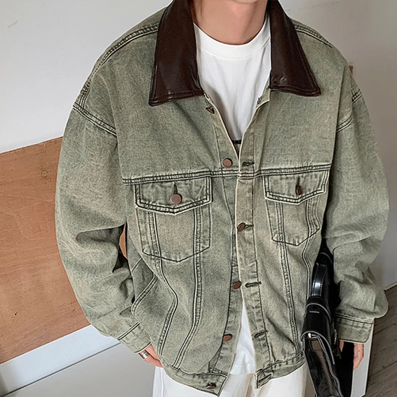 Denim Jacket PU Leather Lapel Patchwork Jackets - INTOHYPEZONE