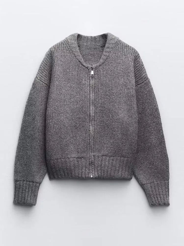 Knit Gray Long Sleeve Full Zip Sweater - INTOHYPEZONE