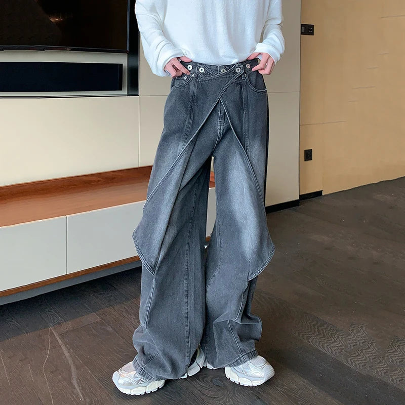 Washed Patchwork Wide Leg Denim Jeans - INTOHYPEZONE
