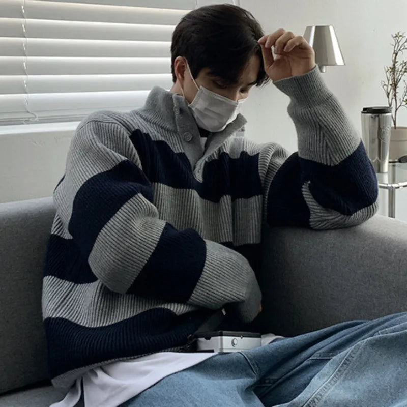 Stripe Contrast Color Stand Collar Sweater - INTOHYPEZONE