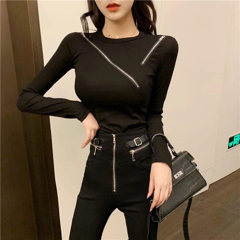 Zipper Slim Fit Long Sleeve Top - INTOHYPEZONE