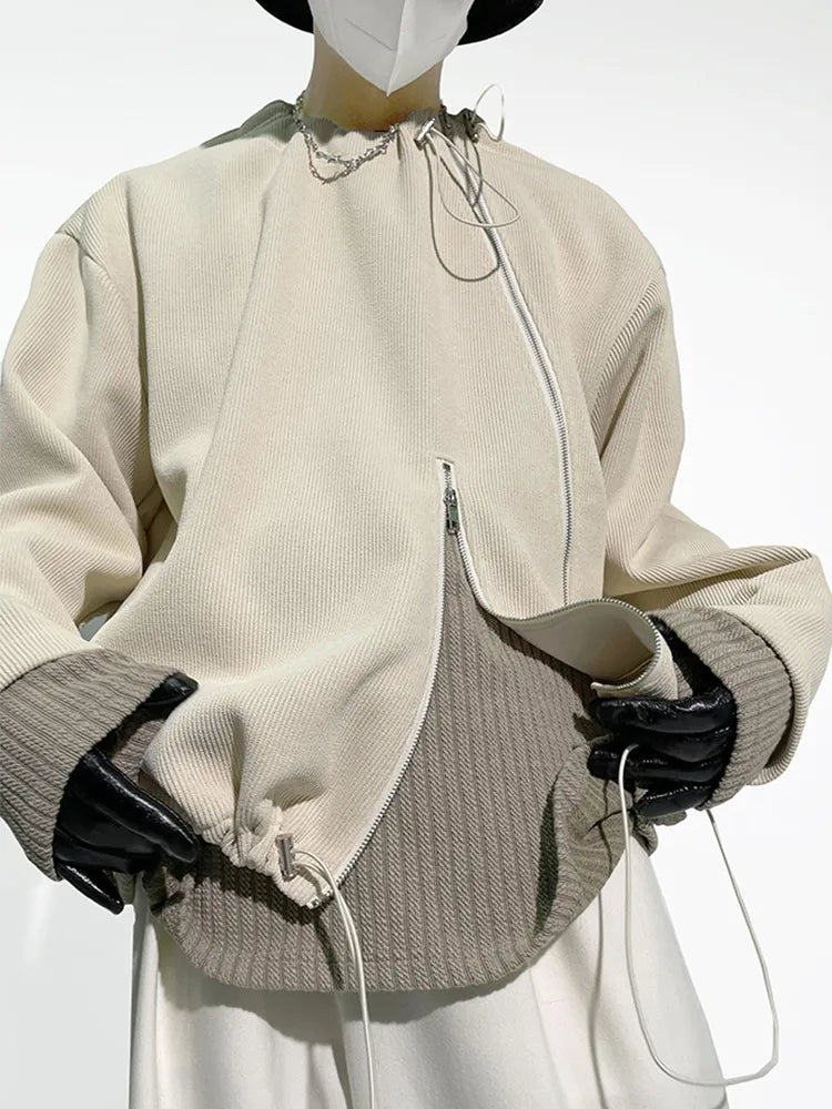 Crew Neck Plain Zip Slit Drawstring Sweatshirt - INTOHYPEZONE