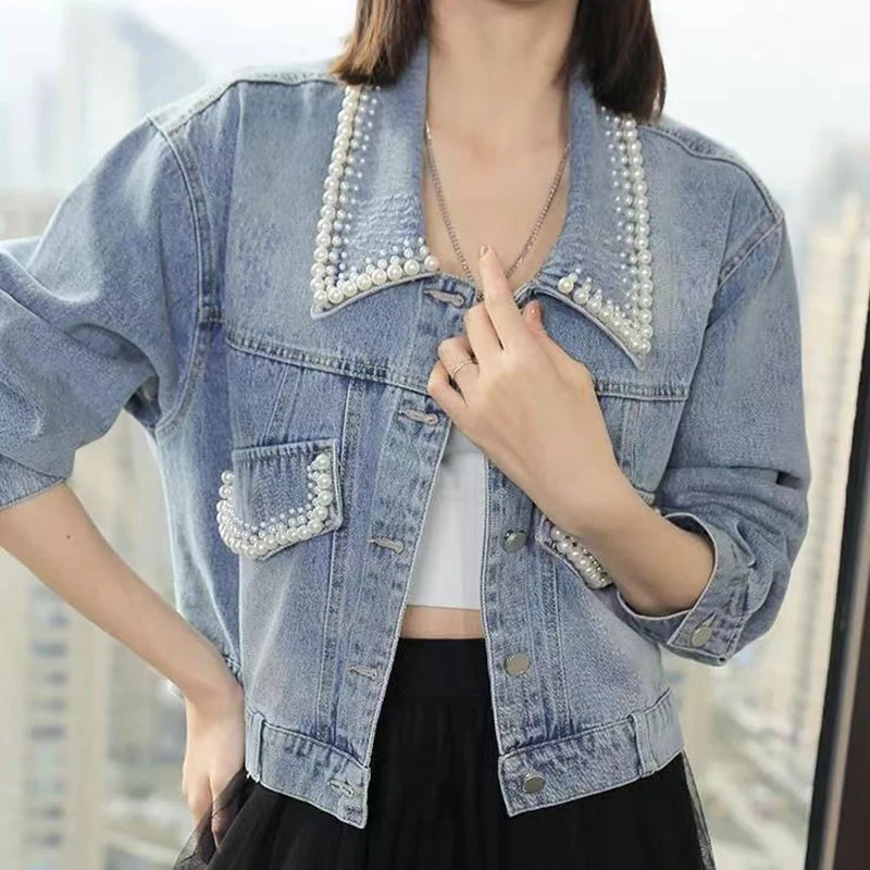 Pearl Cropped Denim Jacket - INTOHYPEZONE