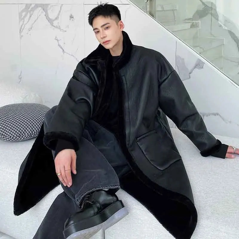 Dark Leather Woolen Overcoat - INTOHYPEZONE