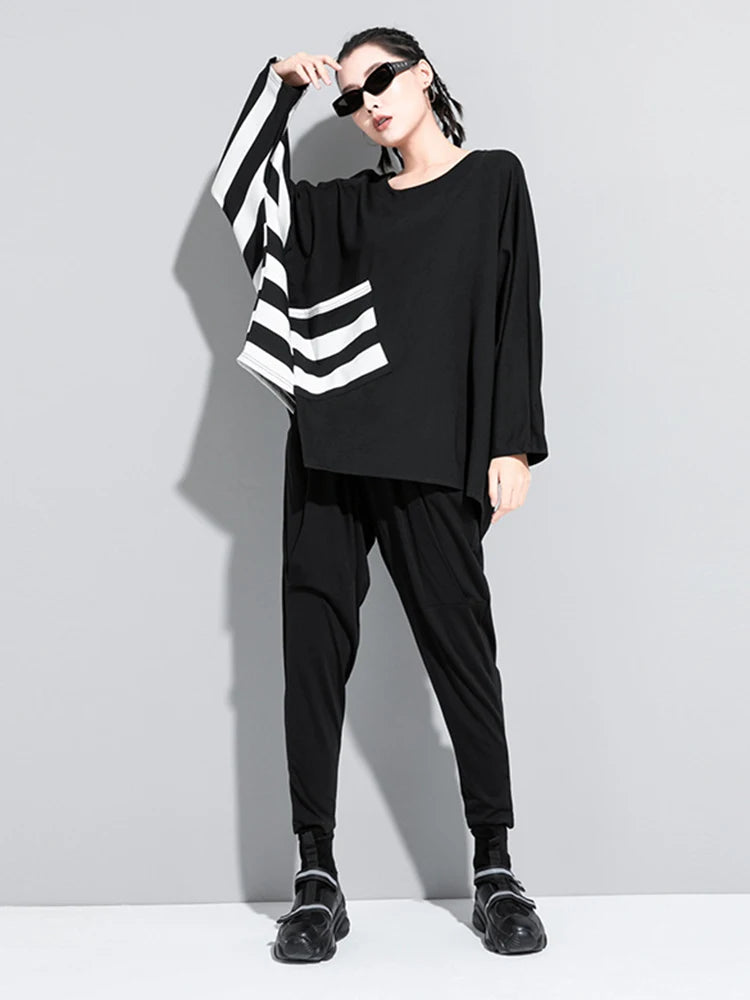 Black Striped Irregular Big Size Casual Top - INTOHYPEZONE
