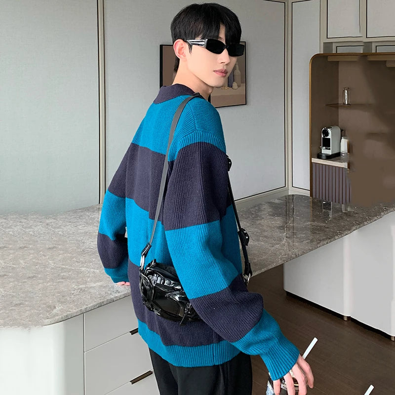 Contrast Color Turn-down Collar Stripe Sweaters - INTOHYPEZONE