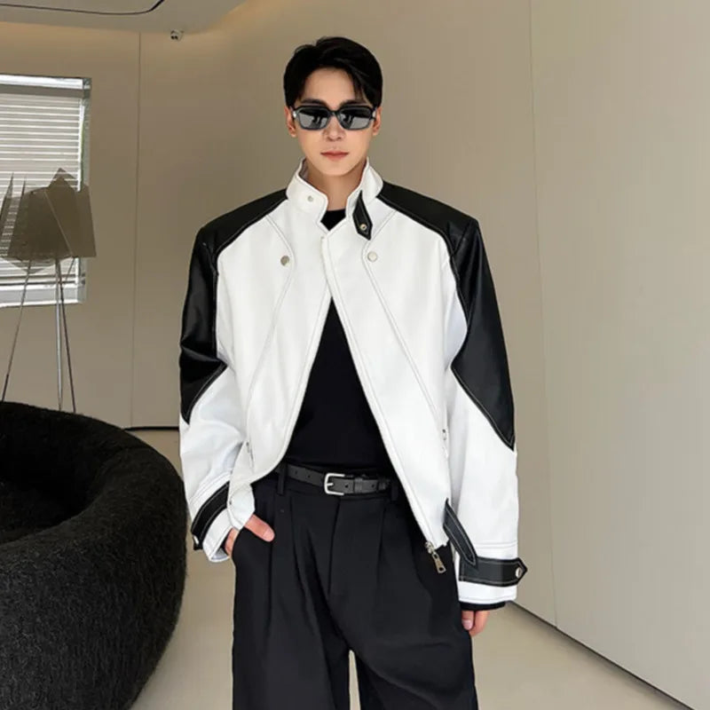 Leather Spliced Stand Collar Jacket - INTOHYPEZONE