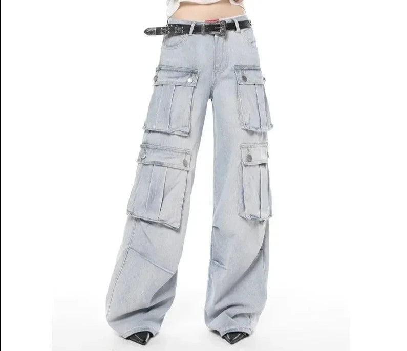 Light Blue Cargo Denim Jeans - INTOHYPEZONE