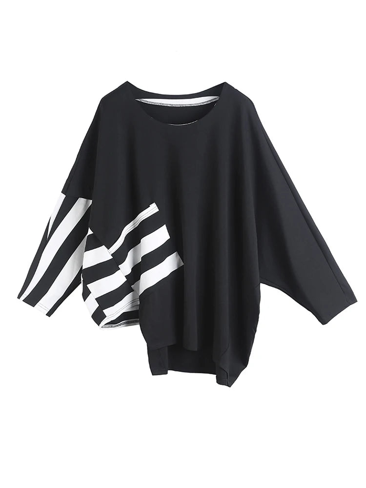 Black Striped Irregular Big Size Casual Top - INTOHYPEZONE
